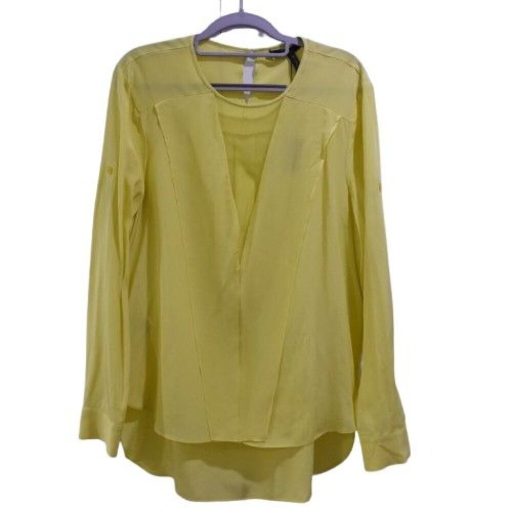 NEW BCBG Max Azria Maryssa Draped Front Long Sleeve Blouse in Lime Yellow Size M